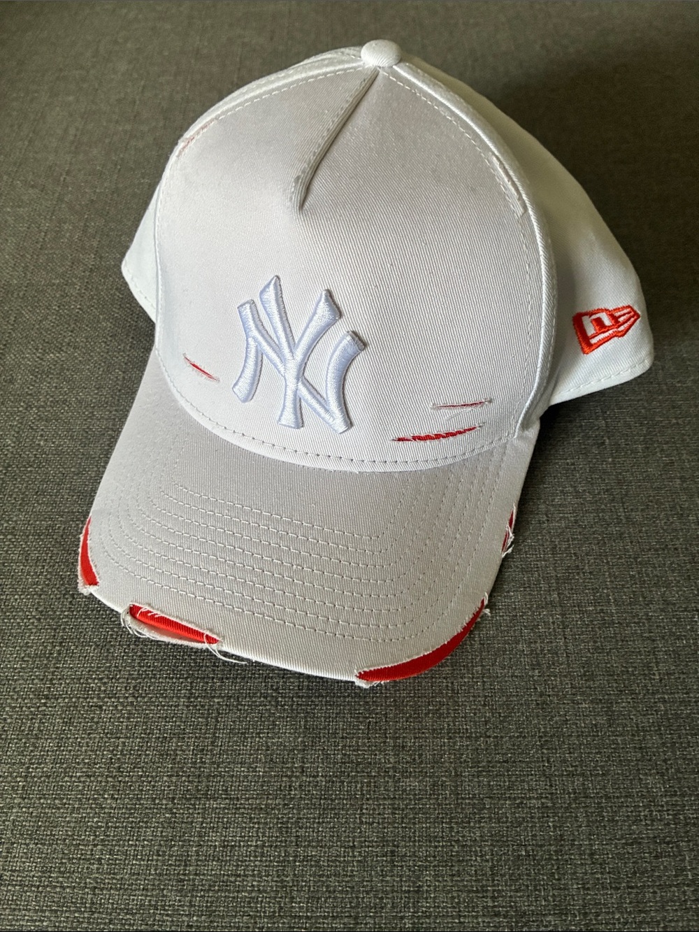 New Era White Cap with Orange Distressed Accents